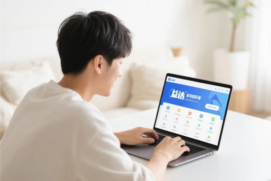 一位年轻用户在明亮舒适的室内环境中愉快地使用笔记本电脑，屏幕上展示天美3客户端新版界面